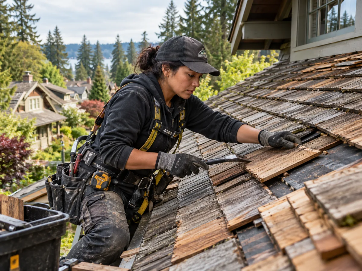 Female roofer carefully repairing cedar roofing on a residential house